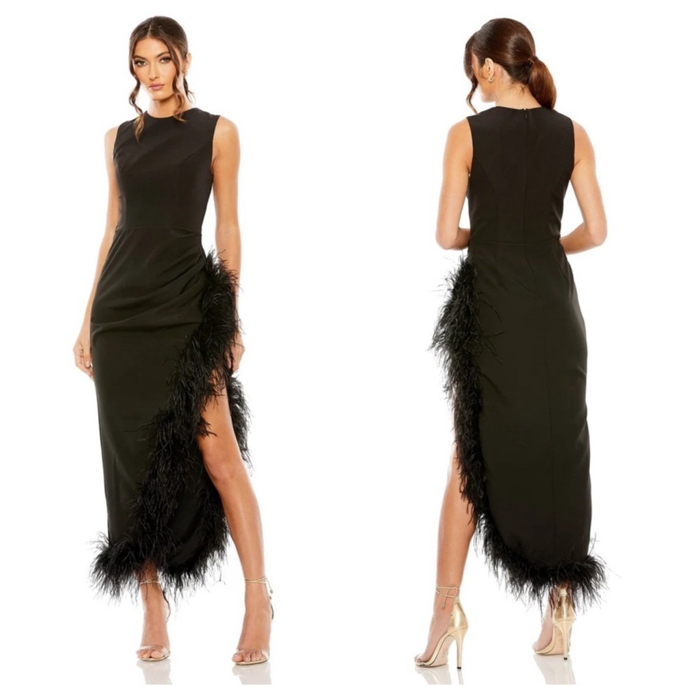 MAC DUGGAL Sleeveless Faux Wrap Dress with Feather Detail, SIZE 6